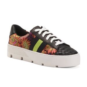 JOHNNY WAS DOWNTOWN JACQUARD SNEAKERS FLORAL EMBROIDERED STRIPED LEATHER TEXTILE